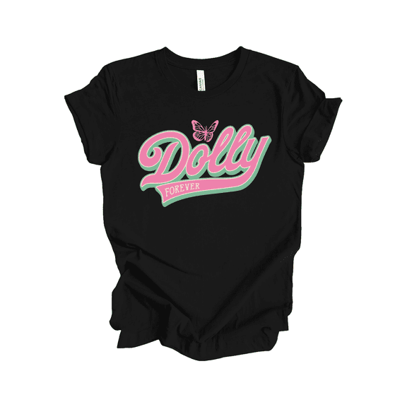 Trenz Shirt Company Women’s T-Shirt with Pink & Green Retro Script Design – Dolly Forever Graphic Tee-Black-Small
