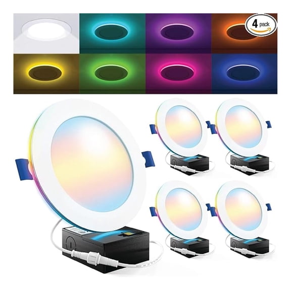 Sunco 4 Pack 6 Inch Smart Ultra Thin LED Recessed Ceiling Lights with Night Light, Tunable CCT 2700K to 6000K, Dimmable, 15W, Smooth Trim, Canless with Junction Box.