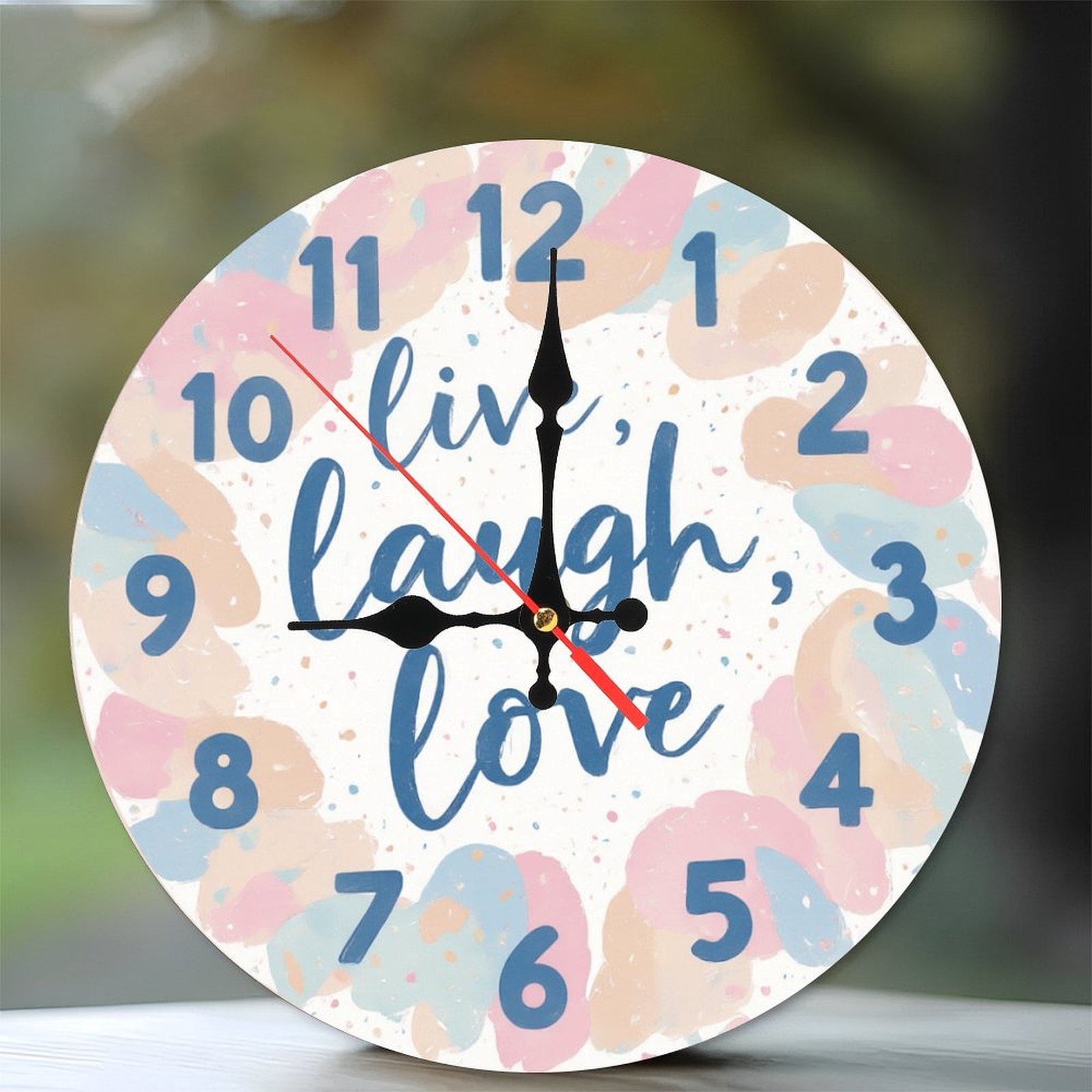 10-Inch Silent Wooden Wall Clock, Live Laugh Love Wall Clock Pastel Colors Home Decor Silent Non-Ticking Clock, Battery Operated (AA Batteries Not Included), Artistic Home Decor