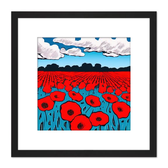 Red Poppy Flowers In A Field Of Cerulean Blue Painting Square Wooden Framed Wall Art Print Picture 8X8 Inch