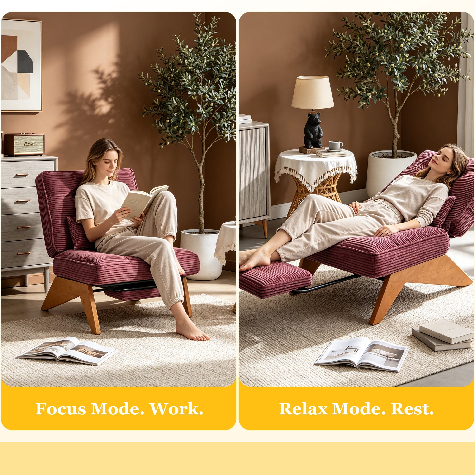 MOONMISS Modern Adjustable Lounge Chair with Footrest,Wooden Base Upholstered Recliner for Reading Rest Corduroy