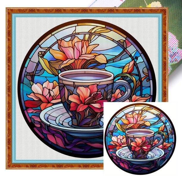 Hilo Algodón Bordado Punto Cruz Té Con Vitral 11CT 40x40cm