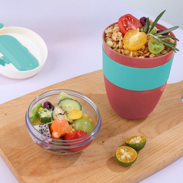 Vaso de ensalada de plástico de doble capa, artículos esenciales para dormitorio, vaso de avena con tapa, vaso de yogur con cuchara para llevar, vaso doble de desayuno para uso en la oficina, electrod