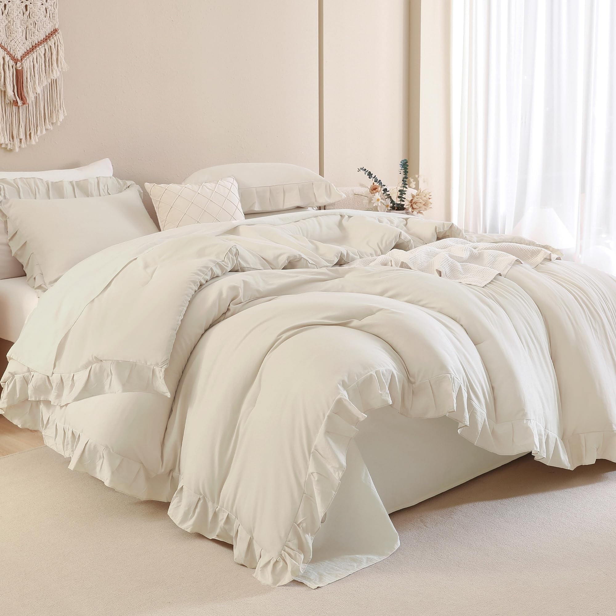 ANGENIA Beige Comforter Set Full Size, 3 Pieces Cream Ruffle Comforter Full, All Season Farmhouse Soft Lightweight Fluffy Microfiber Bed Set (79"x90" Comforter & 2 Pillowcases)