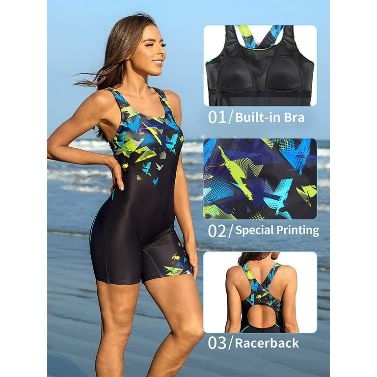 Attraco Women Boyleg One Piece Swimsuit Racerback Athletic Training Bathing  Suit