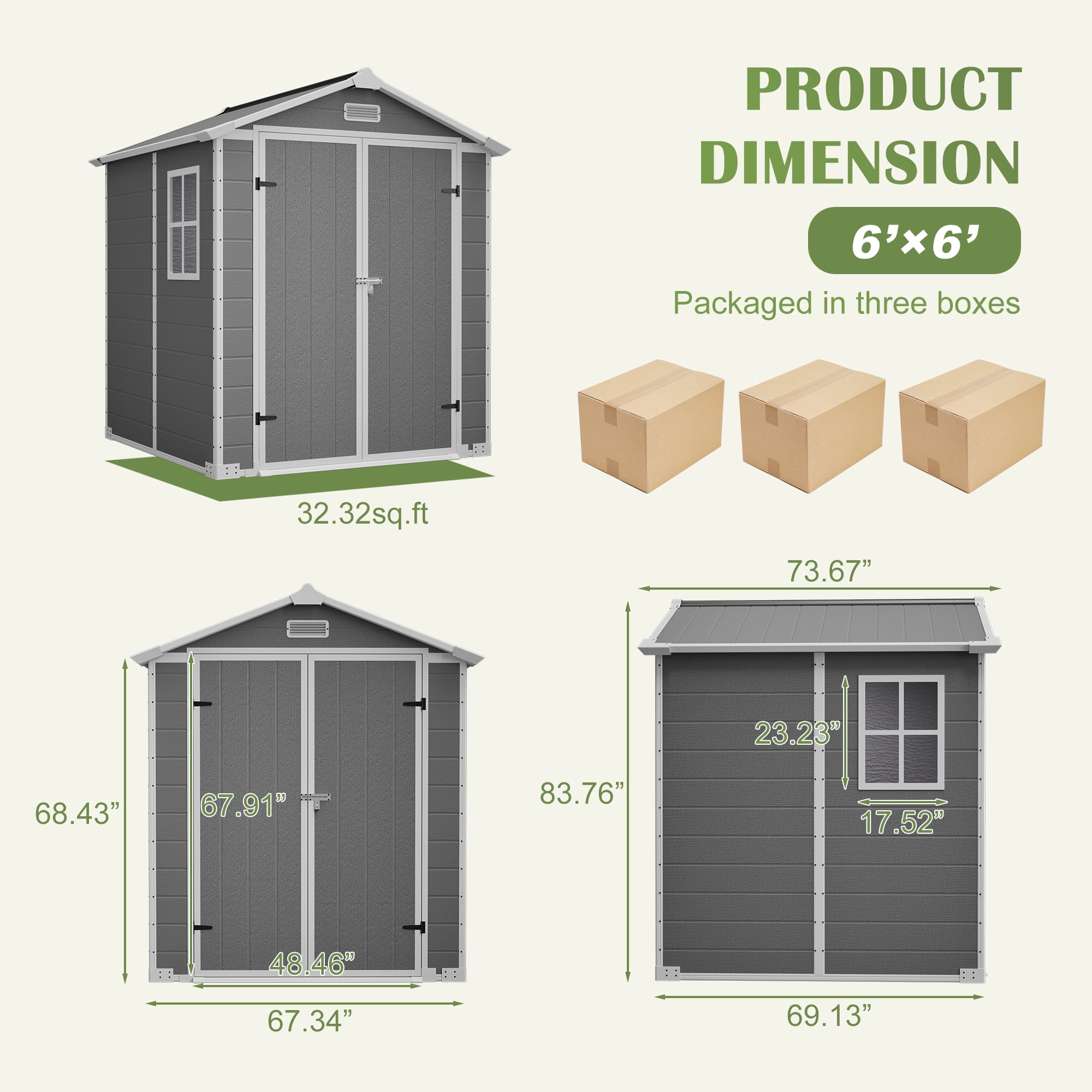 LZBEITEM 6' x 6' Plastic Outdoor Storage Shed with Floor, Resin Tool Shed Heavy Duty with Window and Lockable Door, Colorfast, for Garden Backyard 32 sq.ft