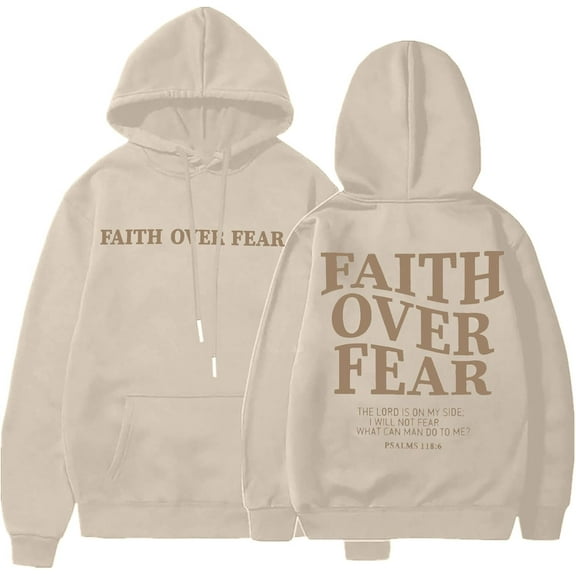VILOVE Women Faith Over Fear Hoodie Christian Religious Sayings Letter Print Sweatshirt Bible Pullover Tops, Apricot