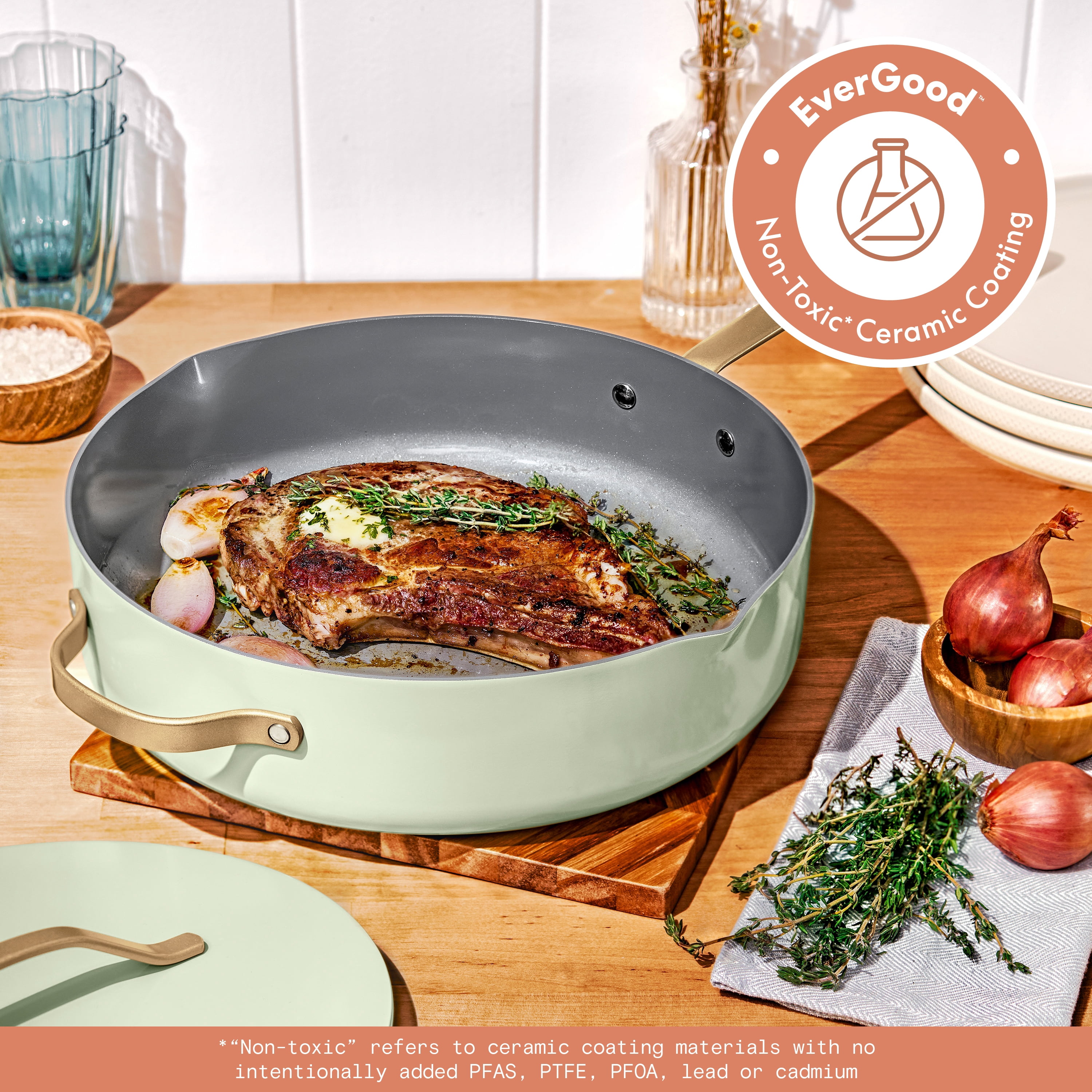 Beautiful 5.5 Quart Saute Pan with Strainer Lid and EverGood Nonstick Coating, Sage Green by Drew Barrymore