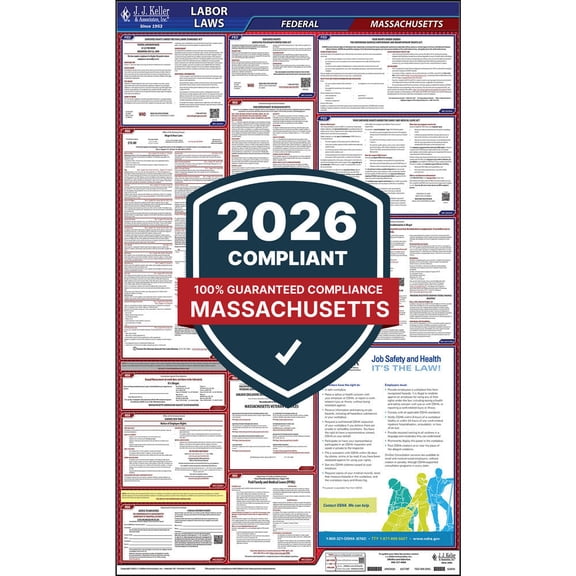 Massachusetts Labor Law Poster, All-in-One OSHA Compliant MA State & Federal Laminated Poster (24"x40" English) - J. J. Keller & Associates