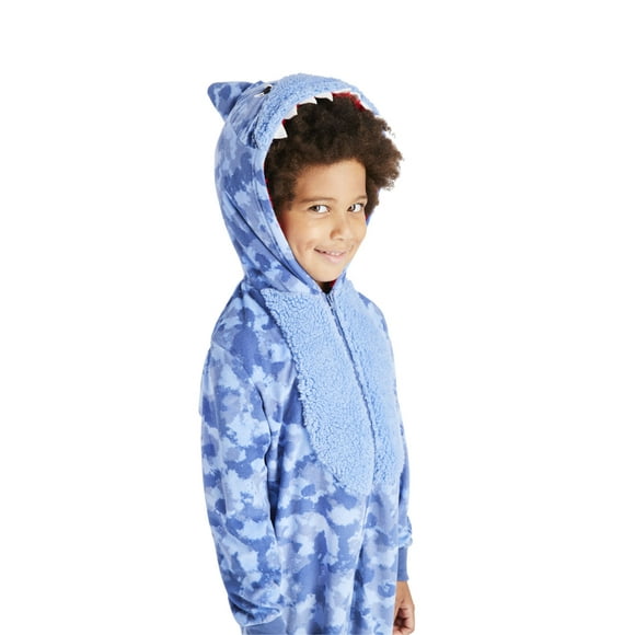 Boys Blue Shark Onesie, Soft and Cozy Velour Pajama With Sherpa Hood