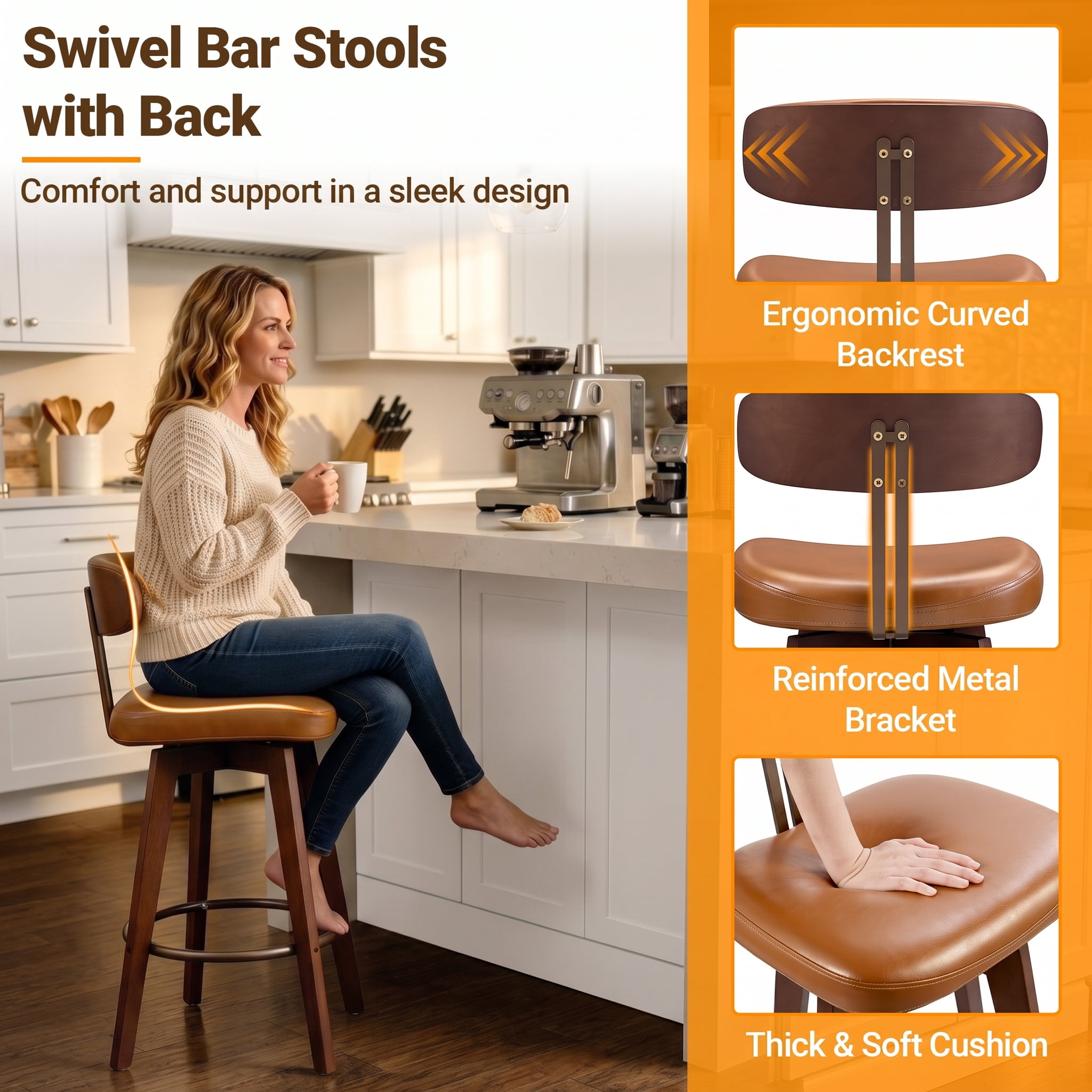 TrumanPick 30" Swivel Bar Stools Set of 2, Brown Faux Leather Counter Height Swivel Barstool with Back & Solid Rubberwood Legs, Counter Stools for Kitchen Island Pub