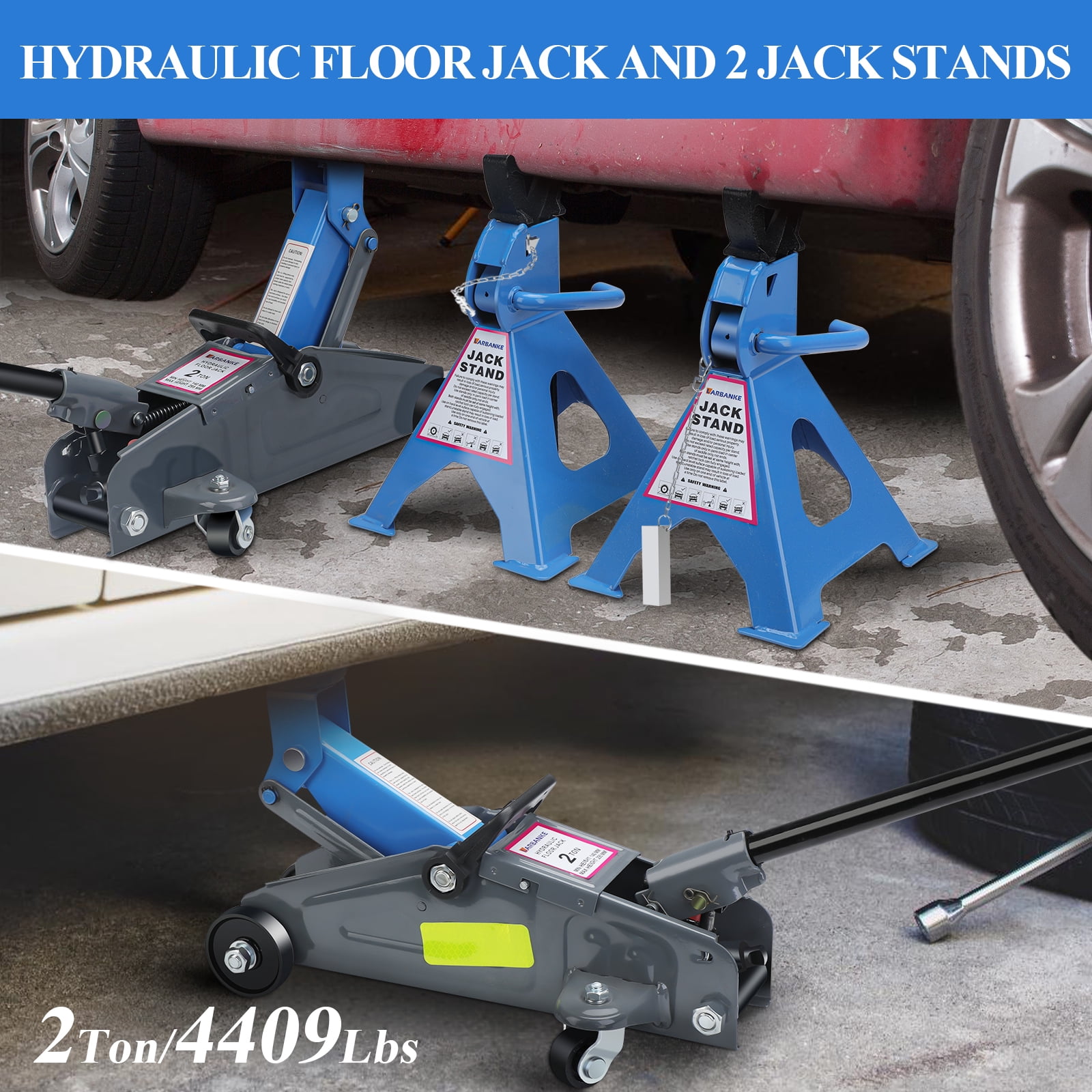 Car Jack Set,2 Ton Low Profile Floor Jack and Tow Heavy Duty 3 Ton Jack Stand,Single Piston Quick Lift Pump,Reflective Strips Suitable for Night Use