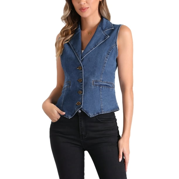 Chaleco de mezclilla INSPIRE CHIC para mujer con solapa de muesca y botones, sin mangas, chaqueta de jean casual