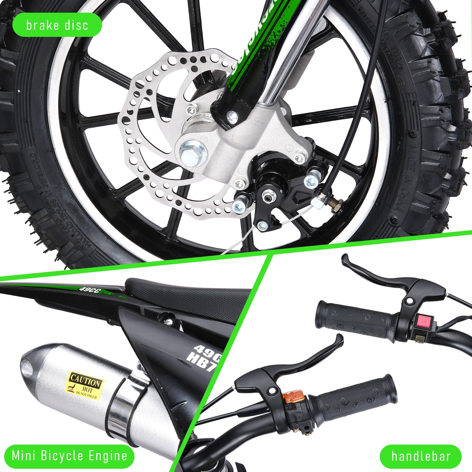 Wussanun 719Mini Kid Dirt Bike, 49CC 2-Stroke Gas Powered Motorcycle with Off-Rode Tire, Front Rear Disc Brakes, Shock Absorption Pocket Motorbike, Up to 25 Mph, Max Load 330 LBS, Green