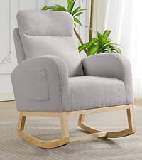 Towallmark Nursery Glider Chair, High Back Rocking Chair with Side Pocket, Rubber Wood Legs Accent Armchair for Living Room Bedroom Nursery, Light Gray