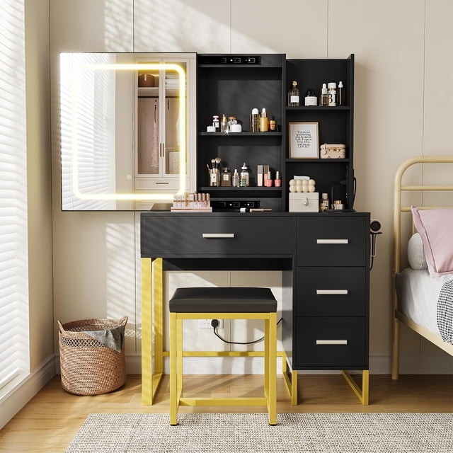 Sliding LED Lighted Mirror Vanity Desk with Power Outlet, 4-Drawer Makeup Vanity Set with Storage Shelves & Cushioned Stool
