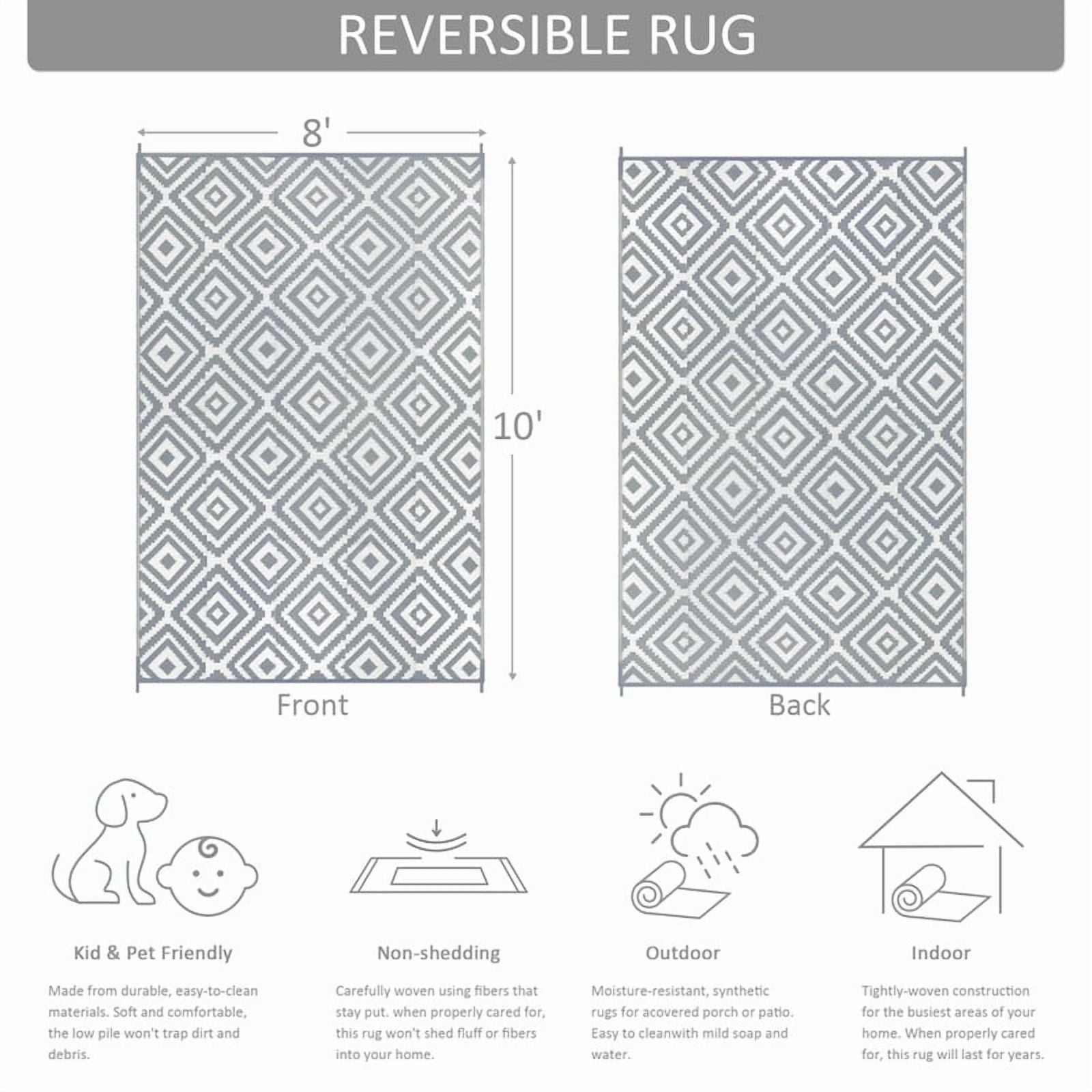 Aonewoe Outdoor Rug 8x10 Waterproof Reversible Camping Rug Patio Rug Plastic Straw Rug Outside Indoor Outdoor Area Rug for Patio Deck Balcony Picnic Beach, Gray & White