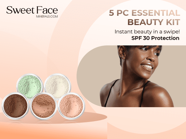 5pc KIT Mineral Makeup Bare Face Set Full Coverage Concealer Blush Foundation Illuminating Powder (Ebony)