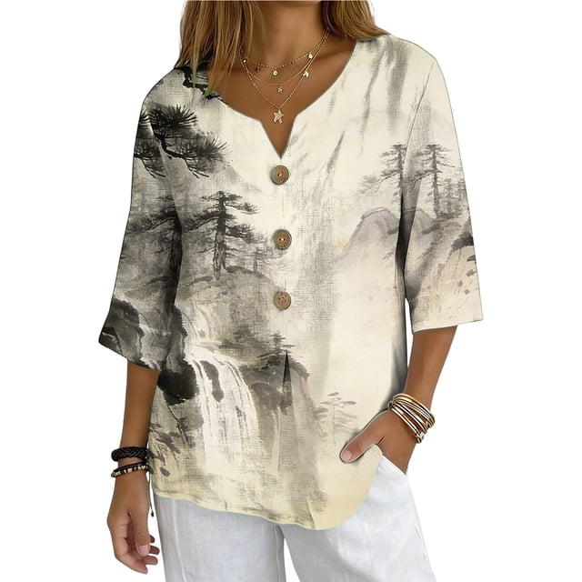 Xuyuer Solid Button Shirt Blouse - Women's Fashion Loose Female Neck T-Shirt Style Top for Smart Casual Office Wear, Weekend Brunch Outings & Effortless Minimalist Everyday Style