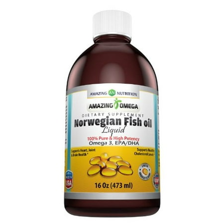 Amazing Omega Norwegian Fish Oil liquid 16 Fl Oz Fresh Orange Flavour -