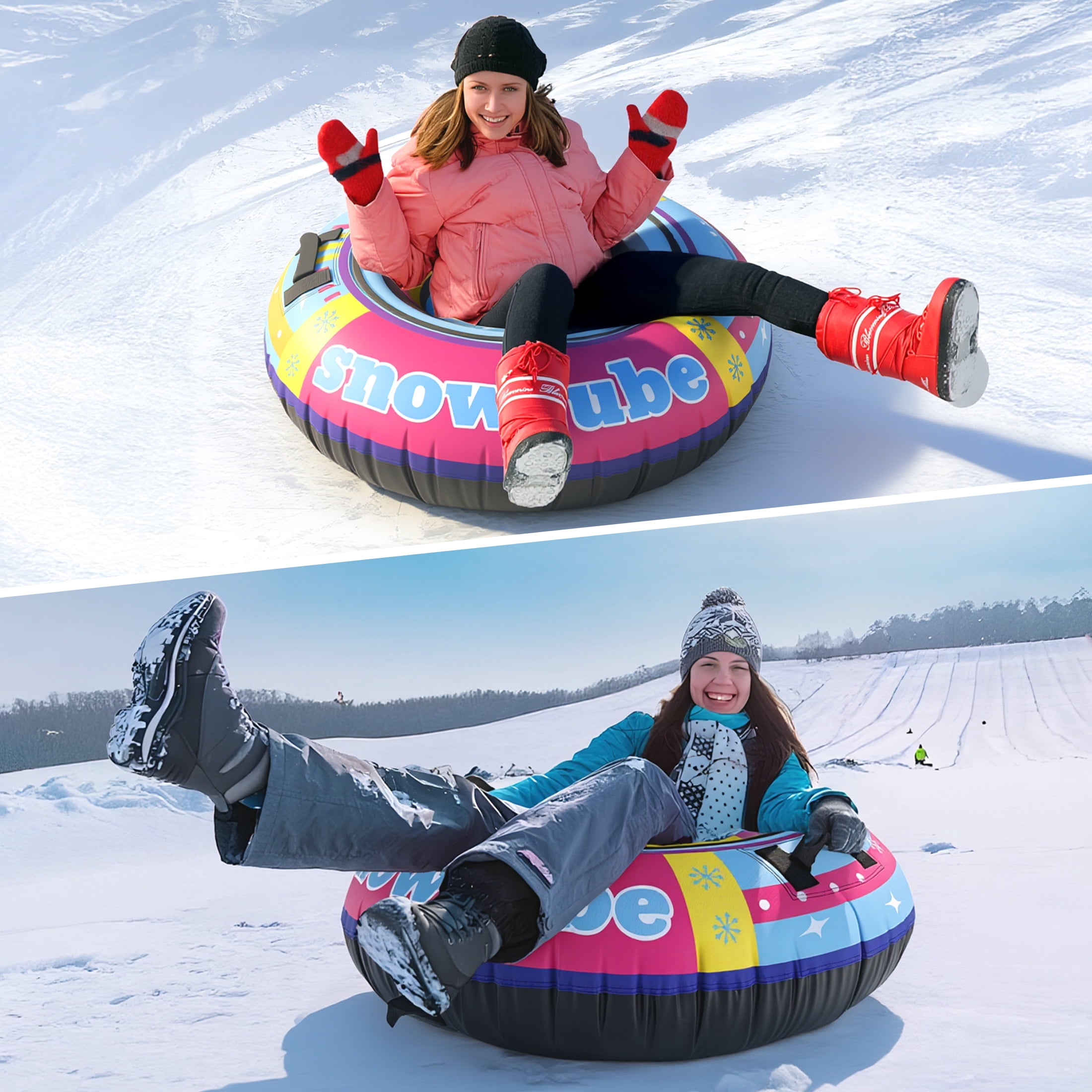 TKYHRMAS Inflatable Snow Tube Sled - 48’’ Colorful Tubes for Sledding with Premium Canvas Cover for Kids Adults Snow Toy Fun Winter Outdoor Toys for Boys Girls Ideal Christmas Birthday Gift