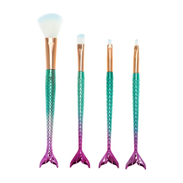 Conjunto de brochas de maquillaje portátil de sirena de 4 piezas para baño, mango de plástico verde y pelo de nylon