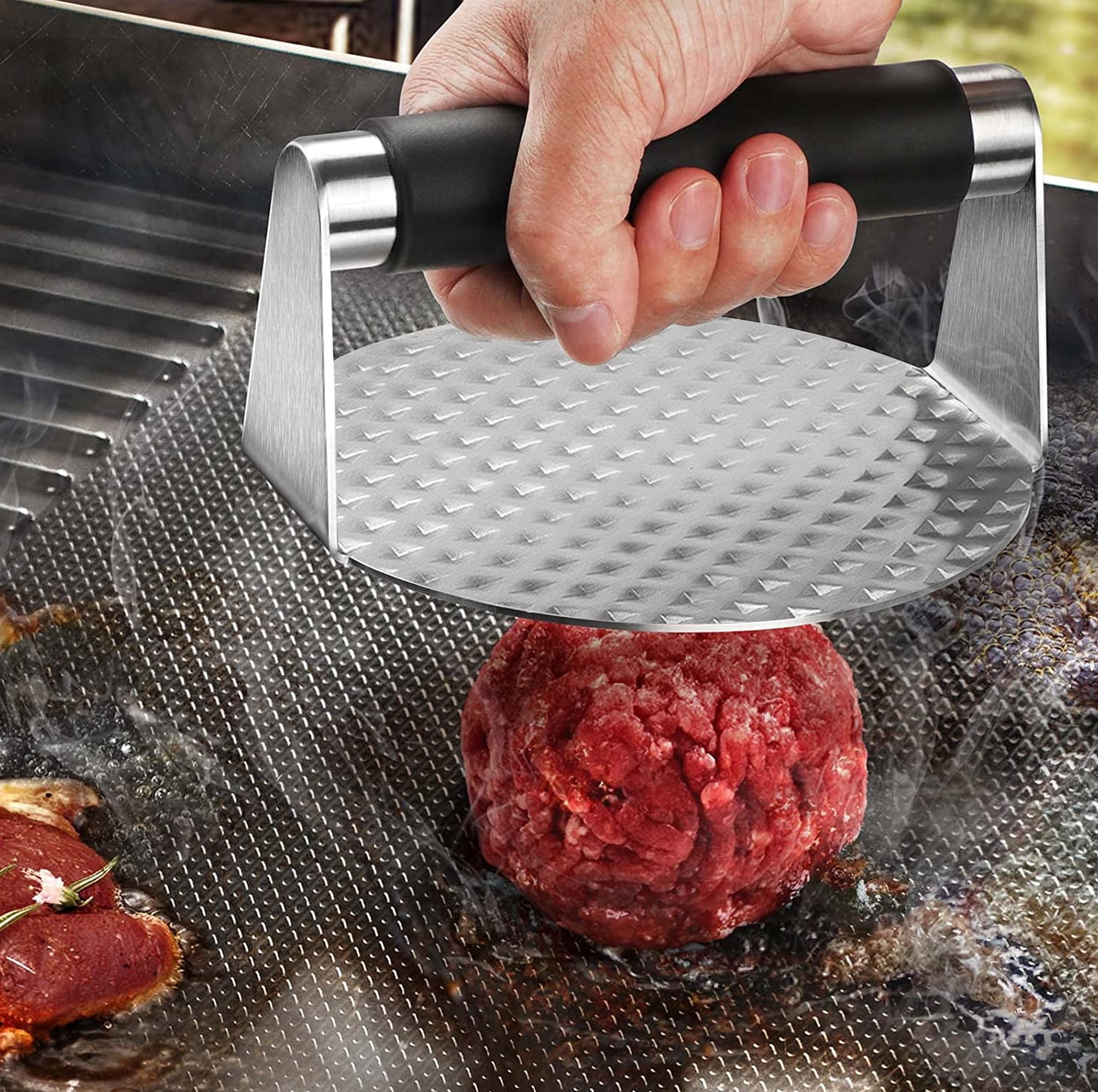 MALGASHAH Stainless Steel Smash Burger Press with Anti-Scald Handle +  Silicone Basting Brush for Cooking - Ground Beef Smasher to Perfectly Make  Flat
