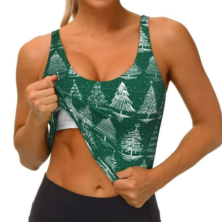 Qokaie Christmas Trees Pattern Womens Scoop Neck Sports Bra Breathable Workout Vest Padded U Back Medium Impact Fitness Gym Yoga Bra Workout Crop Top