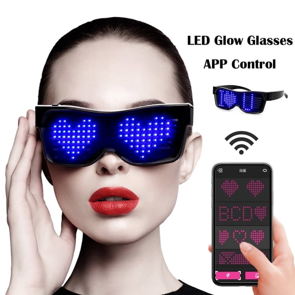 Smart LED Glasses, LED Light Up Glasses Bluetooth App Control Custom Text, Animations for Party, Bar, Music, Birthday Gifts( Blue)