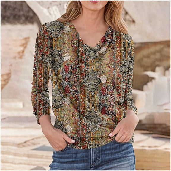 QUNYINEY Fashion Women Shirts Crew Neck Vintage Long Sleeve Blouses Loose Fit Casual Pullover Fall Graphic Tees Womens Clothes Trendy 2025