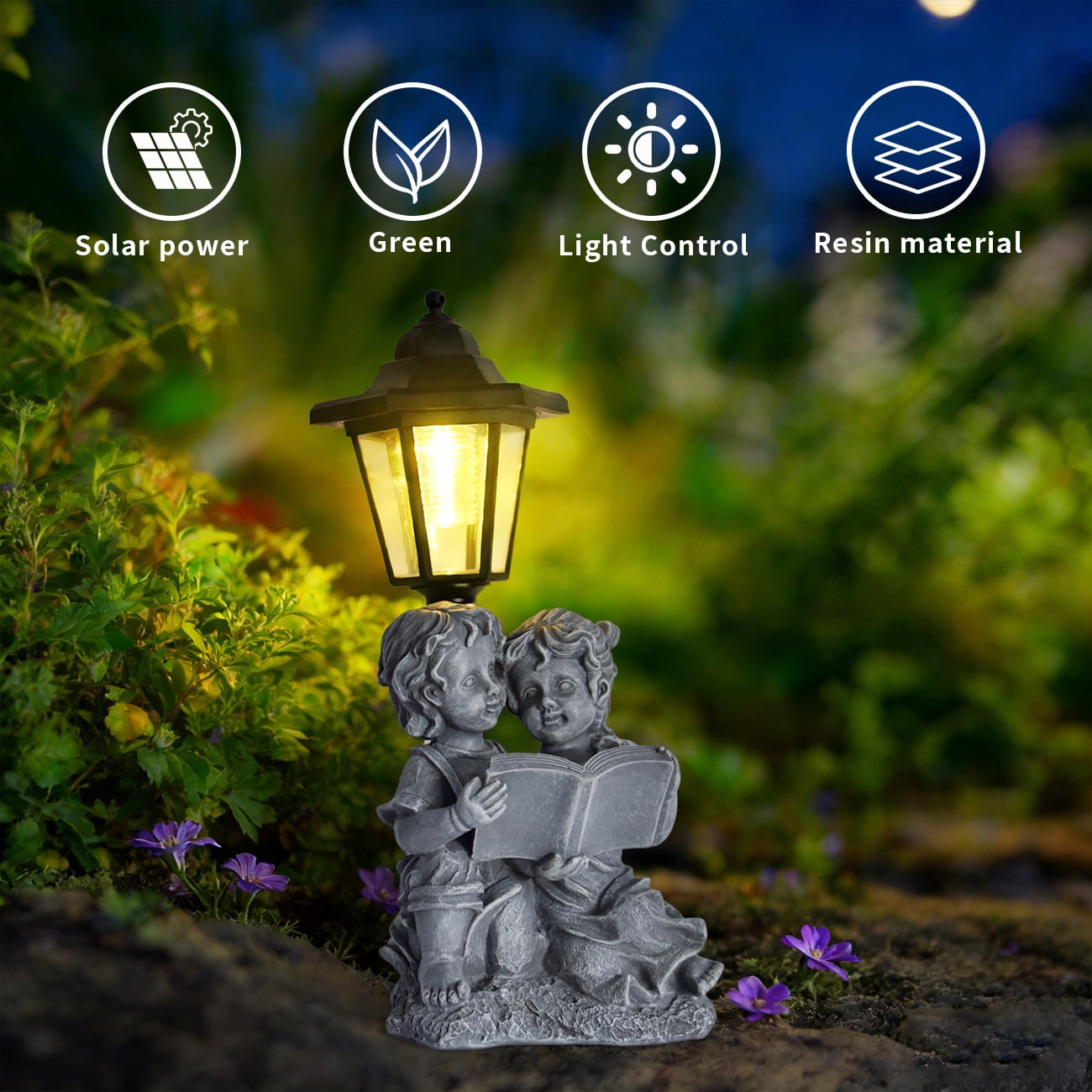 Garden Boy&Girl Statue Decoration,Outdoor Statues with Solar Powered Lantern for Patio Yard Backyard Gifts for Mother's Day Birthday Housewarming,Solar Garden Boy and Girl Reading Sculptures
