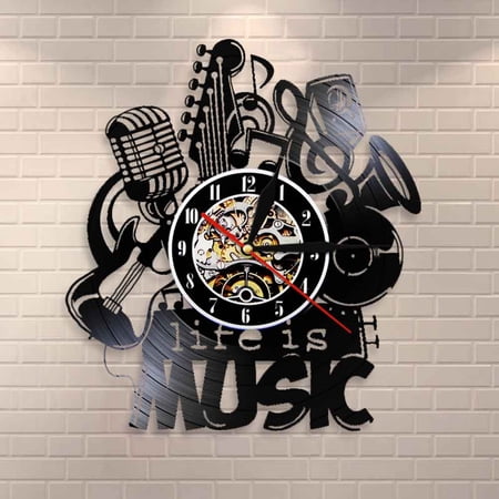Amblelife Life Is Music Wall Clock Modern Home Decor Clock Make Of Vinyl Record Music Instruments Clock Unique Gift For Music Lovers
