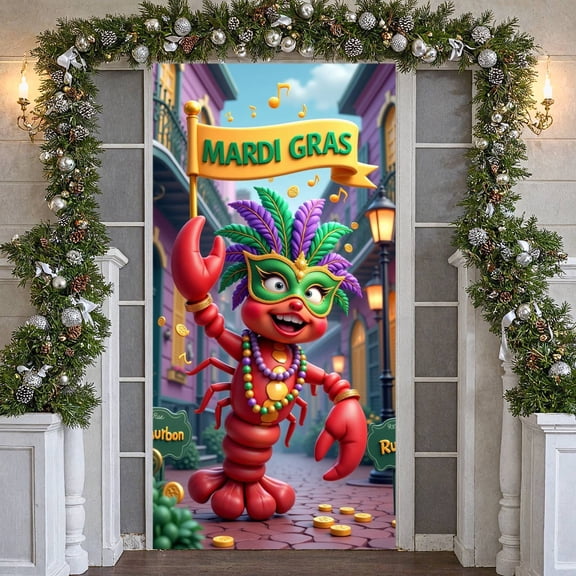 Colorful Feathers Mardi Gras Banner Green Mask Carnival Display Purple Beads Gold Coins Festive Backdrop for Mardi Gras Party Carnival Celebration New Orleans Event
