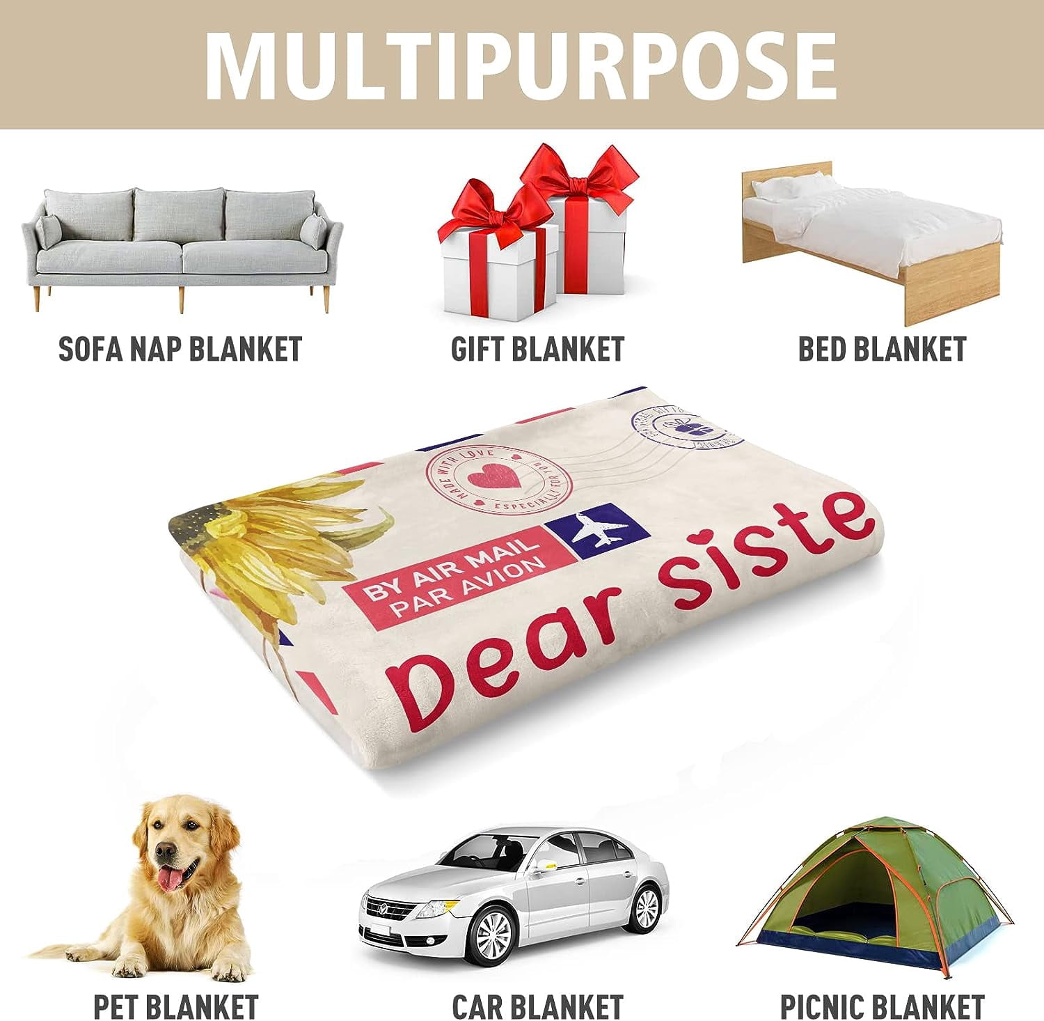 Sister Birthday Gifts, Sister Gifts Blanket, Sisters Gift from Sis, Present for Sisters on Mothers Day, Christmas, Dear Sis Airmail Throw Blanket