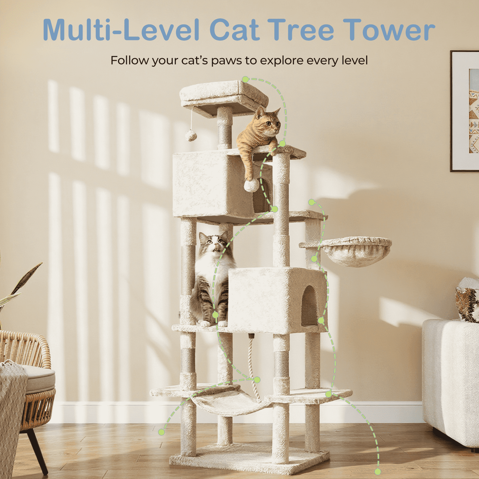 MAYEERTY 66-inch Cat Tree Tower Multi-Cat Climbing Extended Platform Hammock Pet House