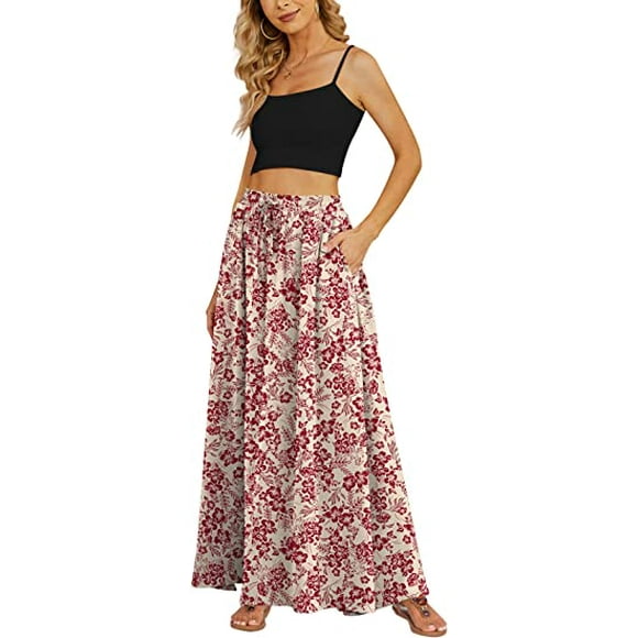 Kmbangi Women Maxi Skirts Elegant High Waisted Skirt Flower Print Summer Swing Long Skirt S-XXL
