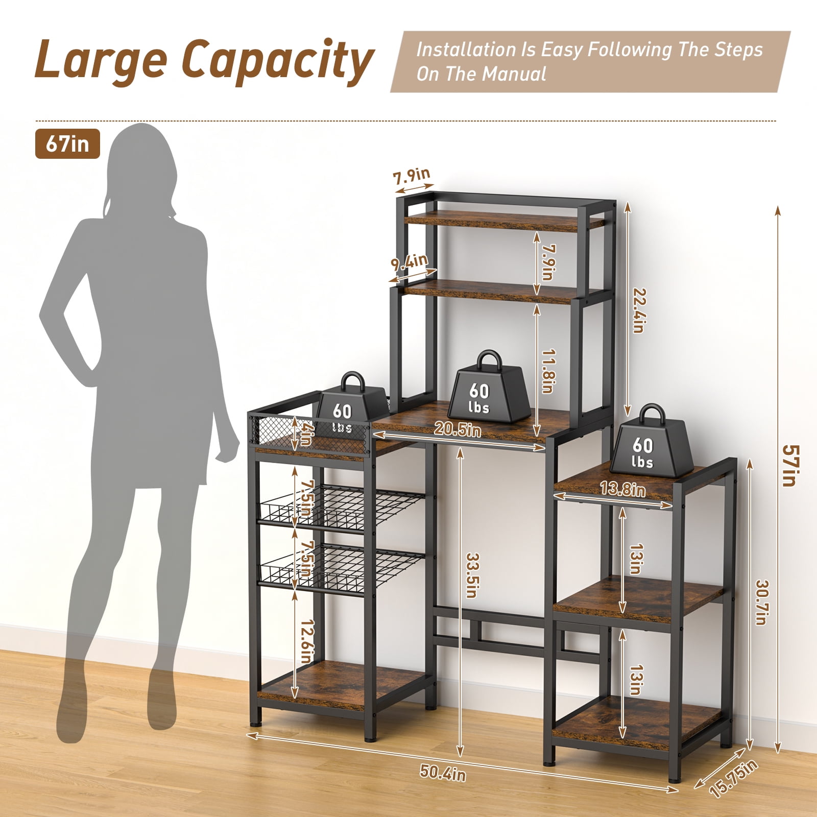 Large Storage Shelf with Mini Fridge & Microwave Stand, Cabinet Storage Space for Dorm Kitchen