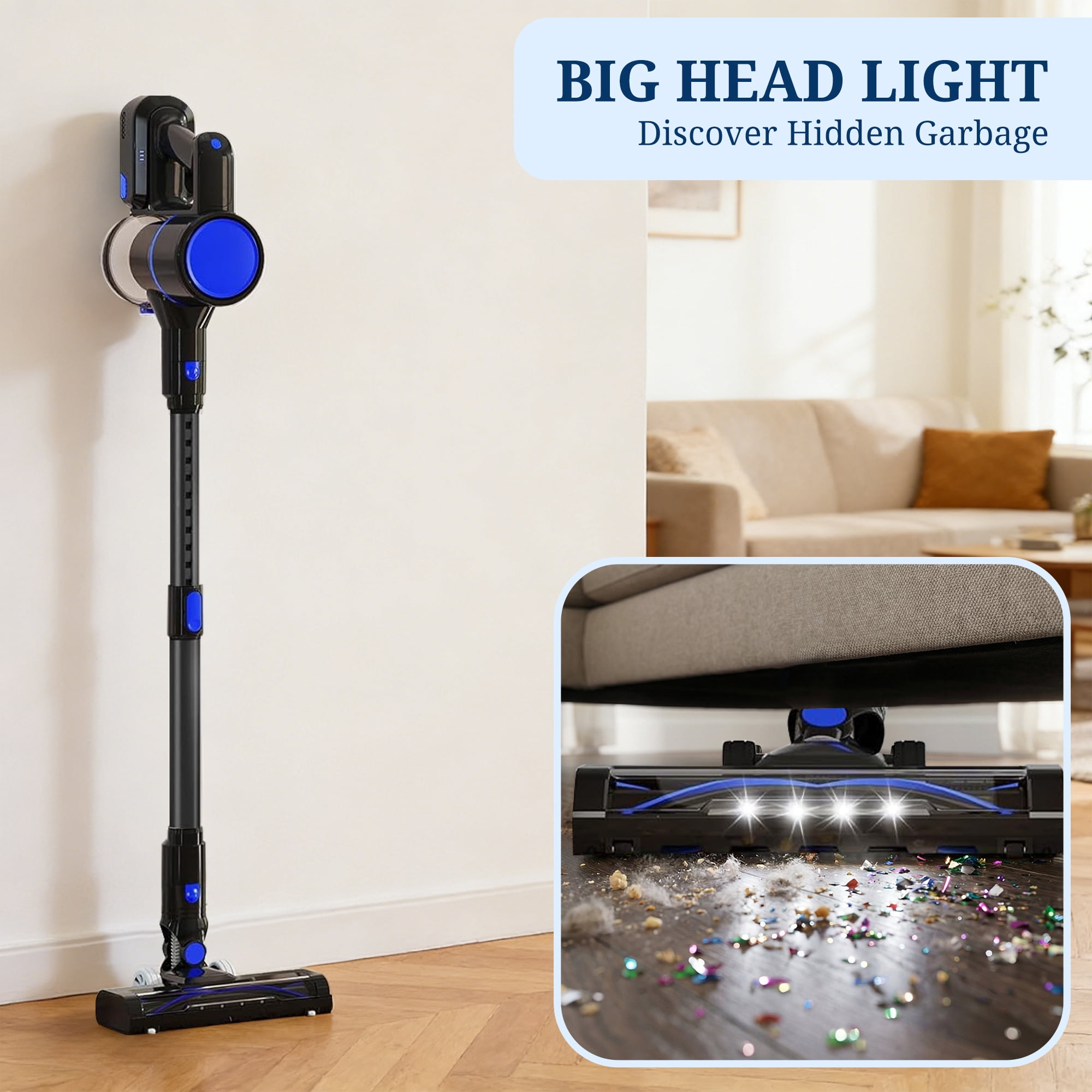 Atilioo Cordless Vacuum Cleaner for Home, Removable Handheld Lightweight Stick Vacuum with LED Headlights for Pet Hair, Hard Floor, Carpet, Blue