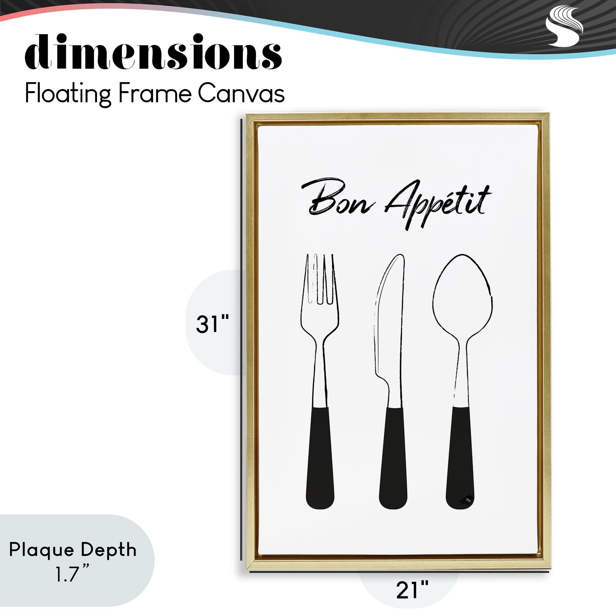 Stupell Industries Bon Appetit Fork Knife Spoon Gold Framed Floater Canvas Wall Art, design by Martina Pavlova