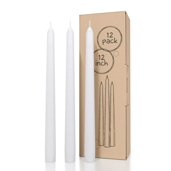 Candwax 12 inch Taper Candles Set of 12 - Dripless and Smokeless Candle Unscented - Slow Burning White Candle Sticks
