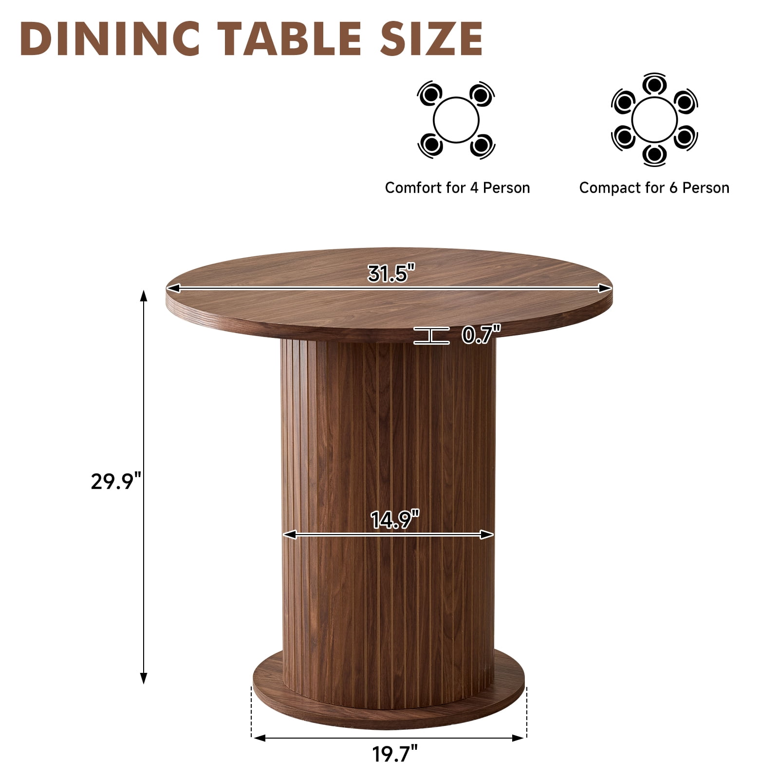 31.5" Round Dining Table for 2, Modern Small Pedestal Kitchen Table, Space Saving, for Apartment Dining Living Room. Brown