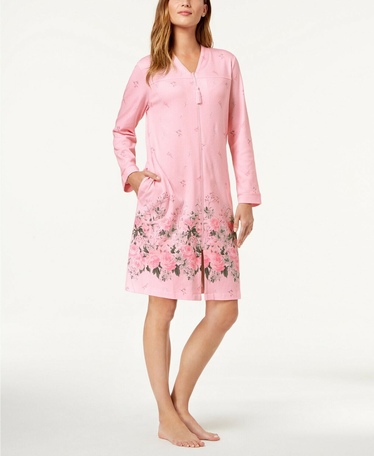 Charter Club Womens Floral Border Cotton Short Zip Robe Pink Rose Garden XS