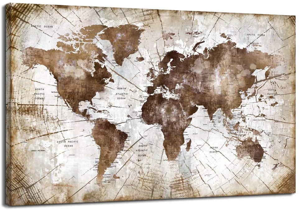 Vintage World Map Stretched Canvas Print Framed Wall Art Office Home Decor DIY 