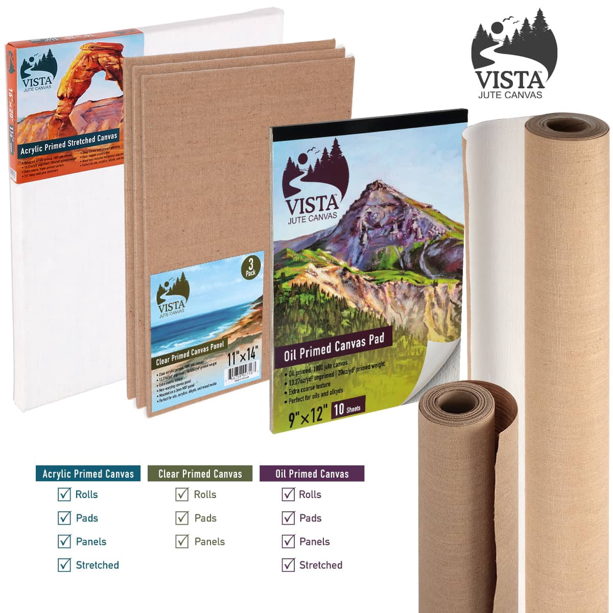 Vista Jute Oil-Primed Canvas Roll, 60" x 6 Yards, Jute Woven Rolls for Painting, Extra-Coarse Texture, DIY Canvases, 16.52 oz Double-Primed, for Oils, Acrylics, Mixed Media Techniques
