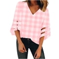 thumbnail image 2 of Summer Saving Wycnly Womens Blouses and Tops Dressy Mesh Patchwork Flared Sleeve Loose Fit Chiffon Pullover Shirts 2024 Summer V-Neck 3/4 Sleeve Plaid Print Casual Blouses Pink l, 2 of 7