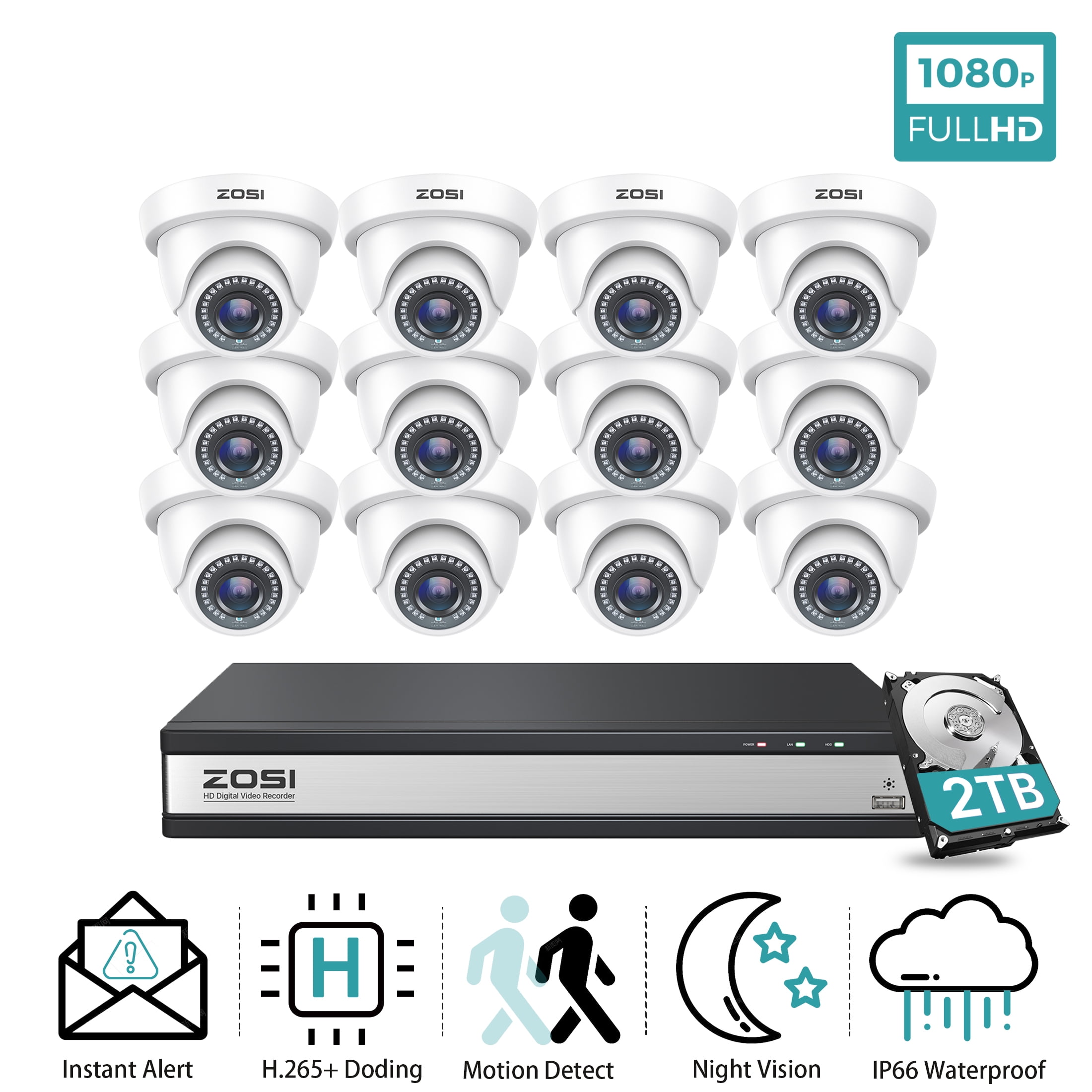 ZOSI H.265+ 16CH 1080P Security Camera System with 2TB Hard Drive, 12PCS 1080P Outdoor Indoor Surveillance Cameras, 80ft Night Vision, Motion Detection,Remote Access
