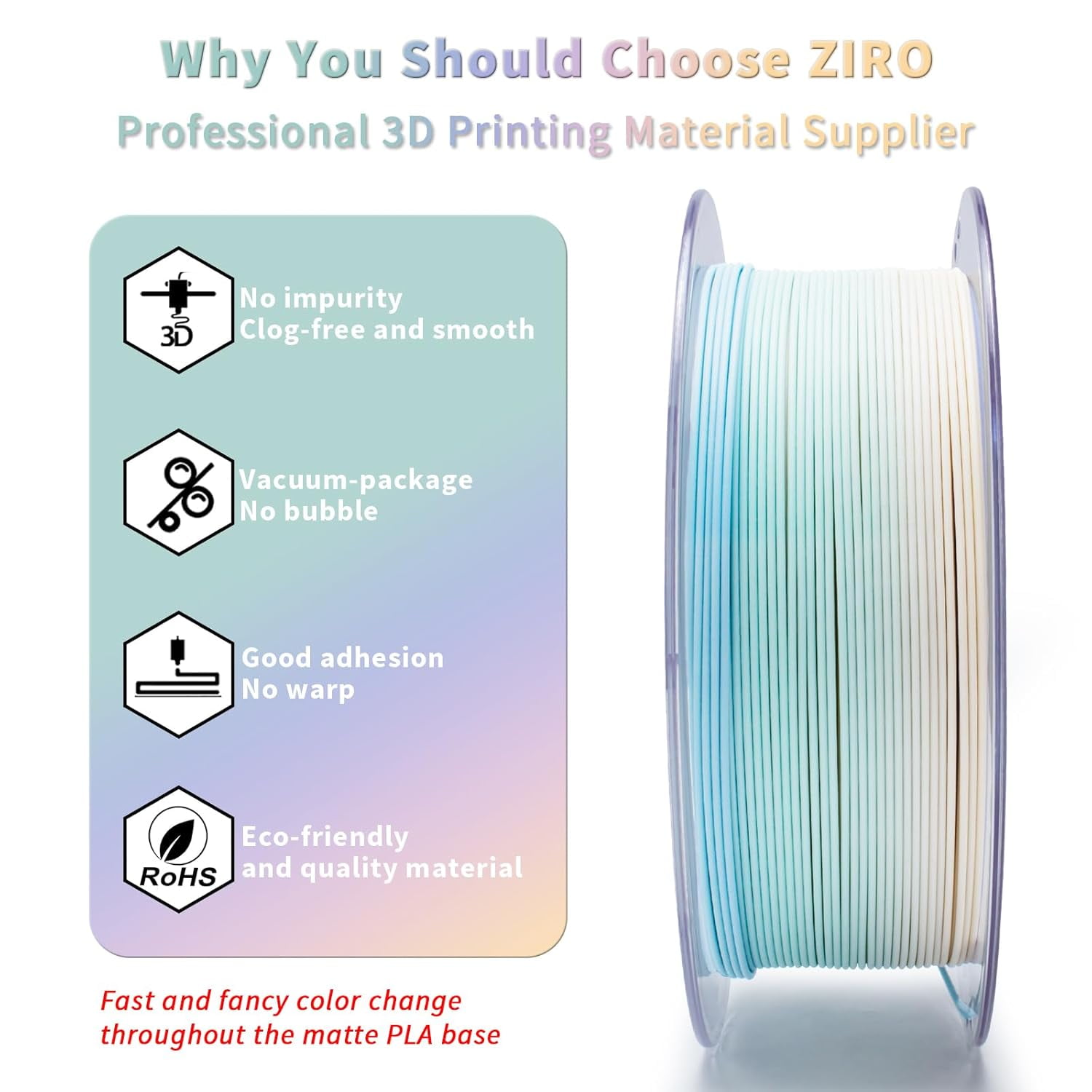 PLA Filament 1.75mm, Matte Multicolor 3D Printer Filament, Color Gradient Change PLA, Fast Color Change by Length, Fit Most FDM Printers, Dimensional Accuracy +/-0.03mm,1KG Pastel Spectrum