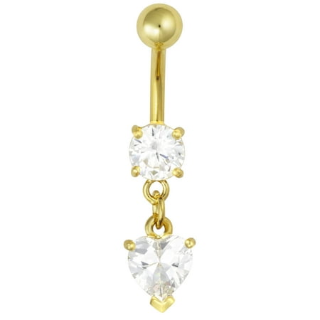 Cat Dangle Belly Button Ring - 14kt Gold Plated Surgical Steel Clear CZ Dangle Belly Button Ring with Crystal Heart Charm