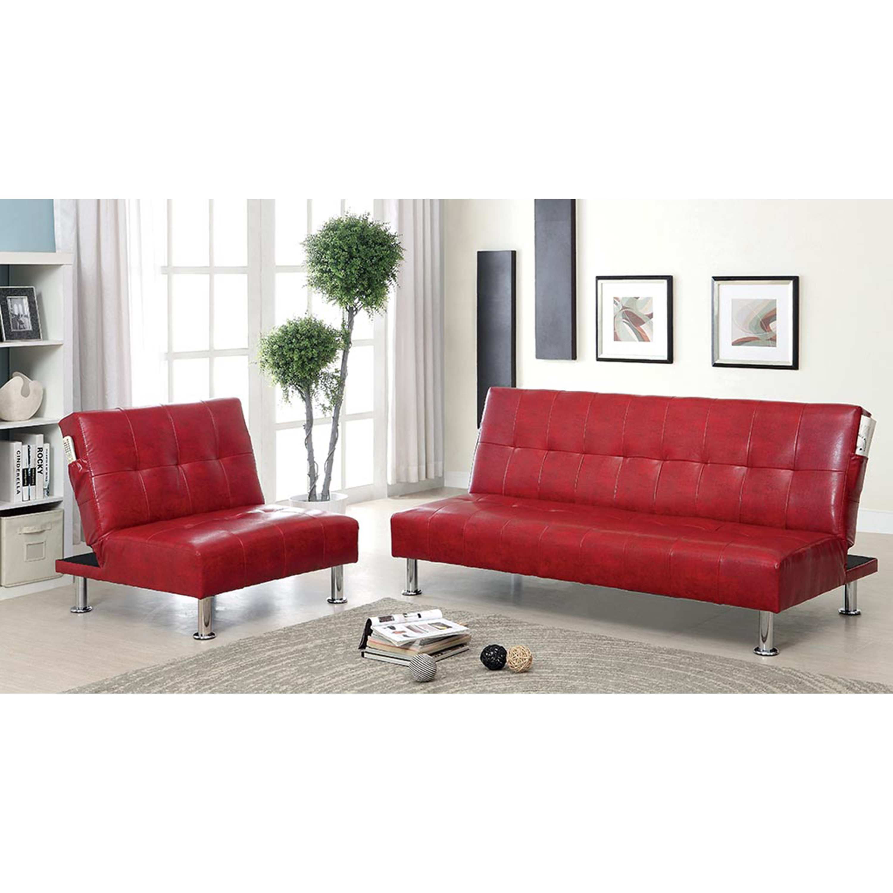 Bastina Faux Leather Tufted Convertible Futon Sofa, Red
