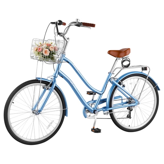 VEVOR Women Bike, 26 in Beach Cruiser Bike, 7-Speed Adult City Bicycle with Aluminum Alloy Frame, 330 lbs Capacity, Basket, Rear Rack & Dual V-Brakes, Light Blue